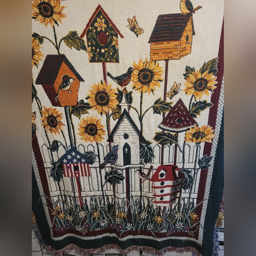 Vintage Birdhouses and Sunflowers woven tapestry blanket